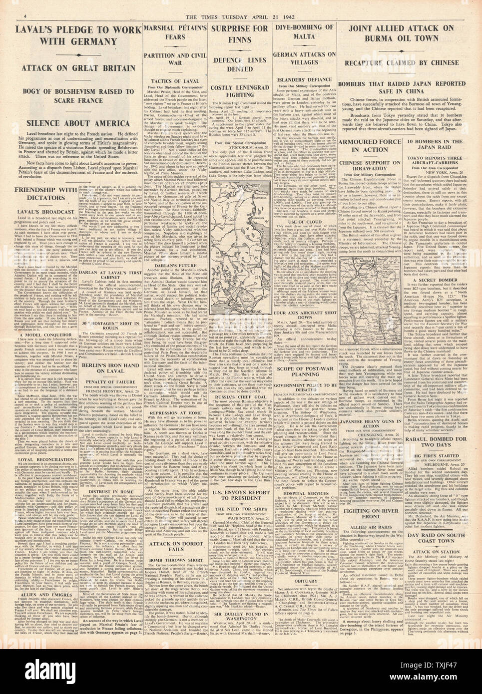 1942 page 4 The Times Pierre Laval says Britain is 'Enemy' and Battle for Burma Stock Photo