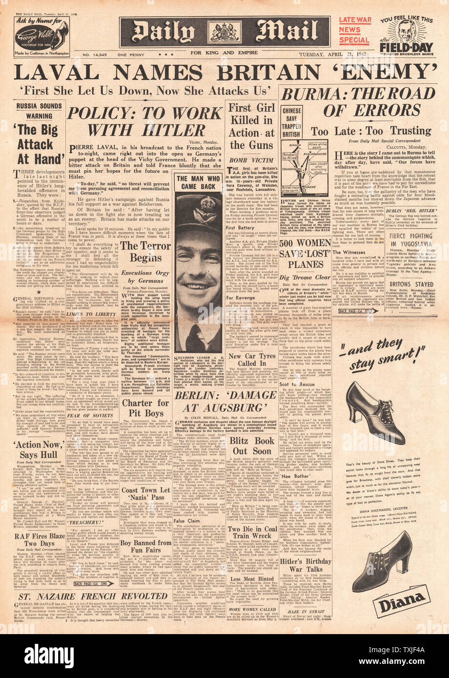 1942 front page  Daily Mail Pierre Laval says Britain is 'Enemy' and Battle for Burma Stock Photo