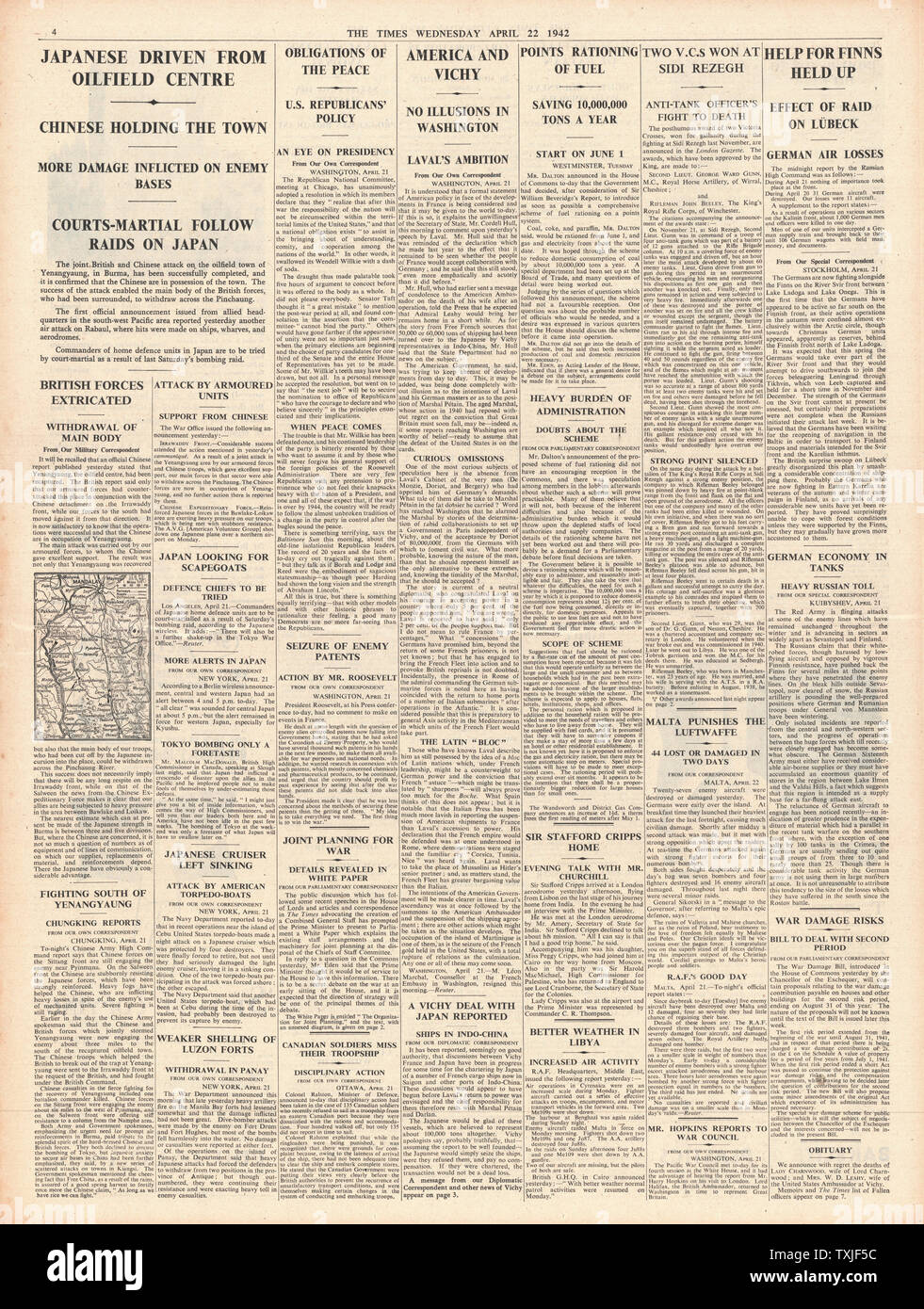 1942 page 4  The Times Japanese Forces driven from Burma Oil Fields Stock Photo