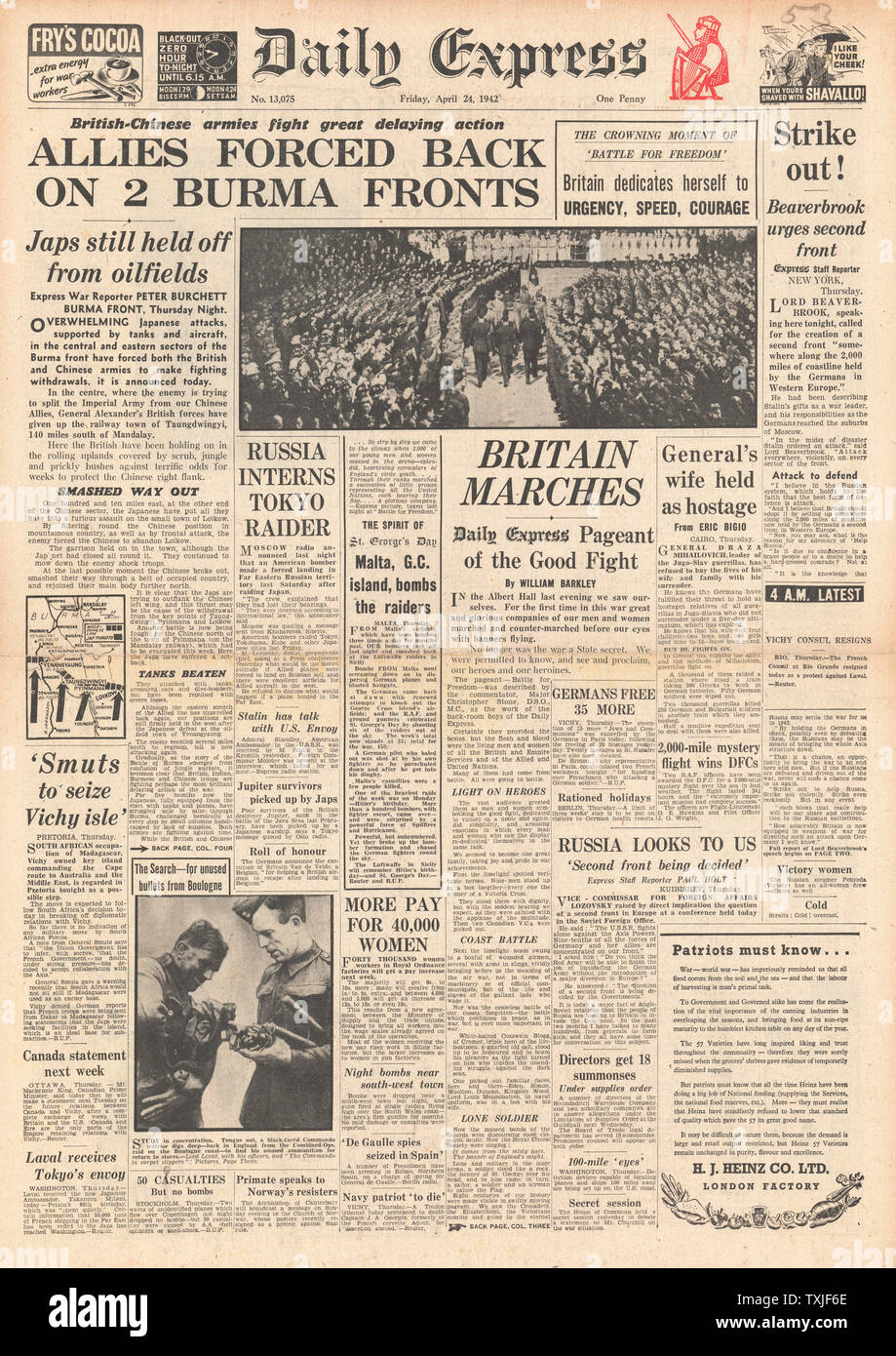 1942 front page Daily Express Battle for Burma and pageant at Royal Albert Hall Stock Photo