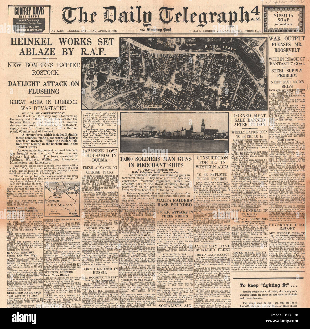 1942 front page  Daily Telegraph RAF Bomb Heinkel Works, Lubeck and Rostock Stock Photo