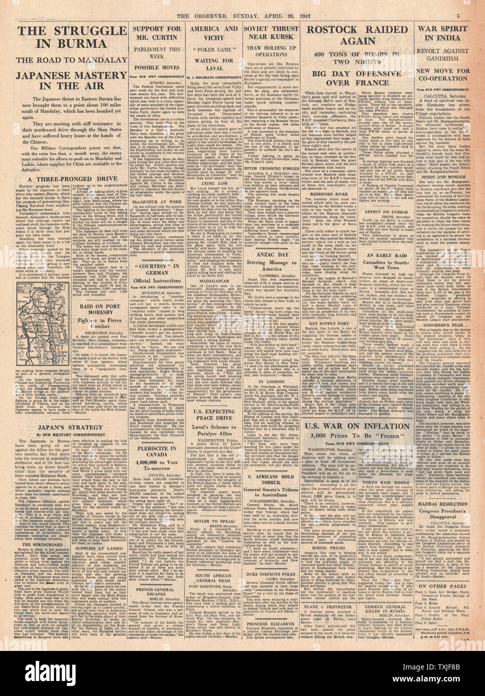1942 page 5 The Observer RAF Bomb German port of Rostock and Battle for Burma Stock Photo