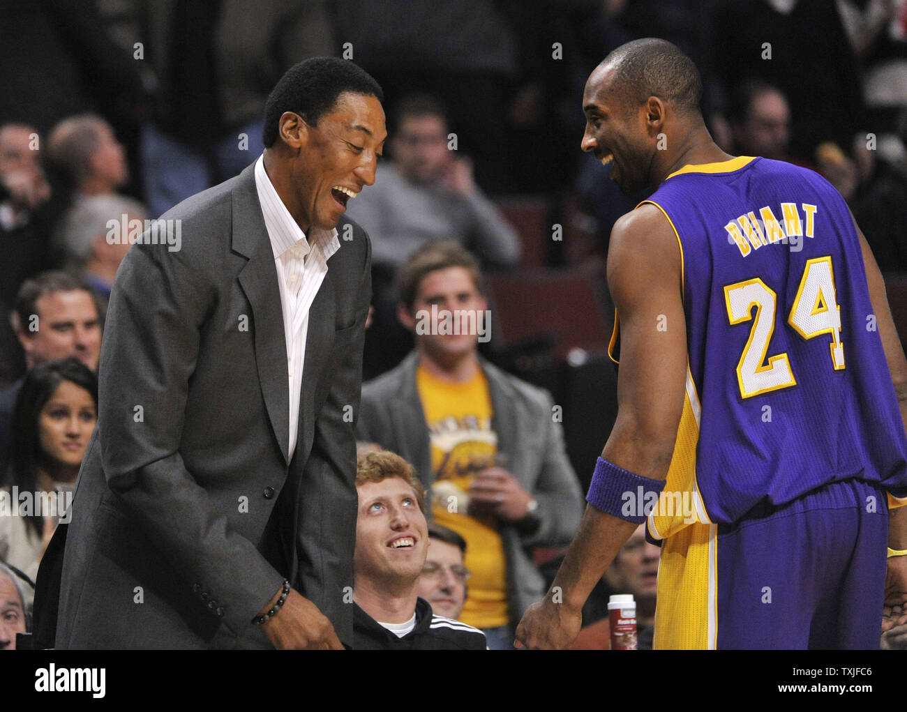 Former Chicago Bulls Hall of Famer Scottie Pippen (L) jokes around with Los Angeles Lakers guard Kobe Bryant during the first quarter at the United Center in Chicago on December 10, 2010.   UPI/Brian Kersey Stock Photo