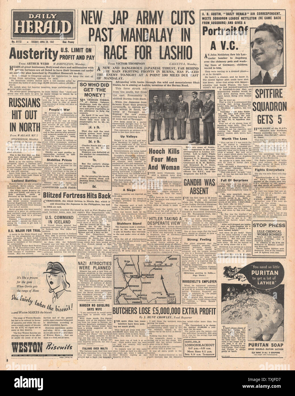 1942 front page  Daily Herald Japanese Forces Advance in Burma and John Nettleton awarded the VC Stock Photo