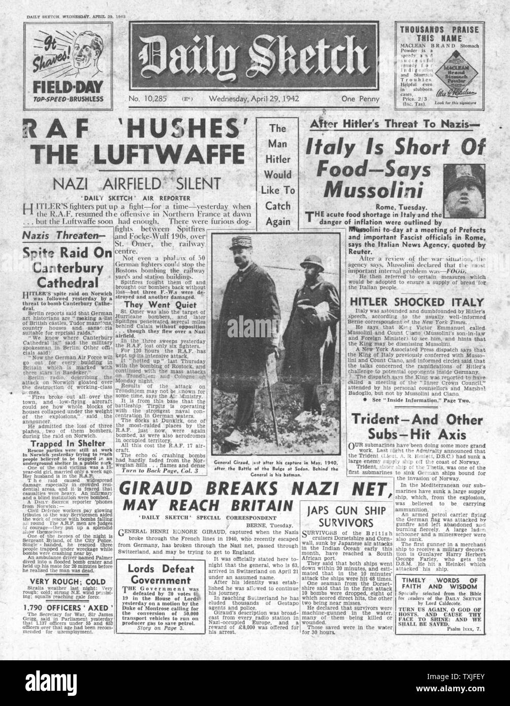 1942 front page Daily Sketch RAF and Luftwaffe Battle over France, Italy short of food and Bombing raid on Canterbury Stock Photo