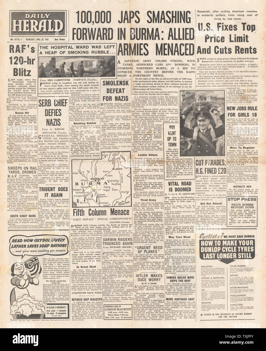 1942 front page  Daily Herald Japanese Forces Advance in Burma Stock Photo