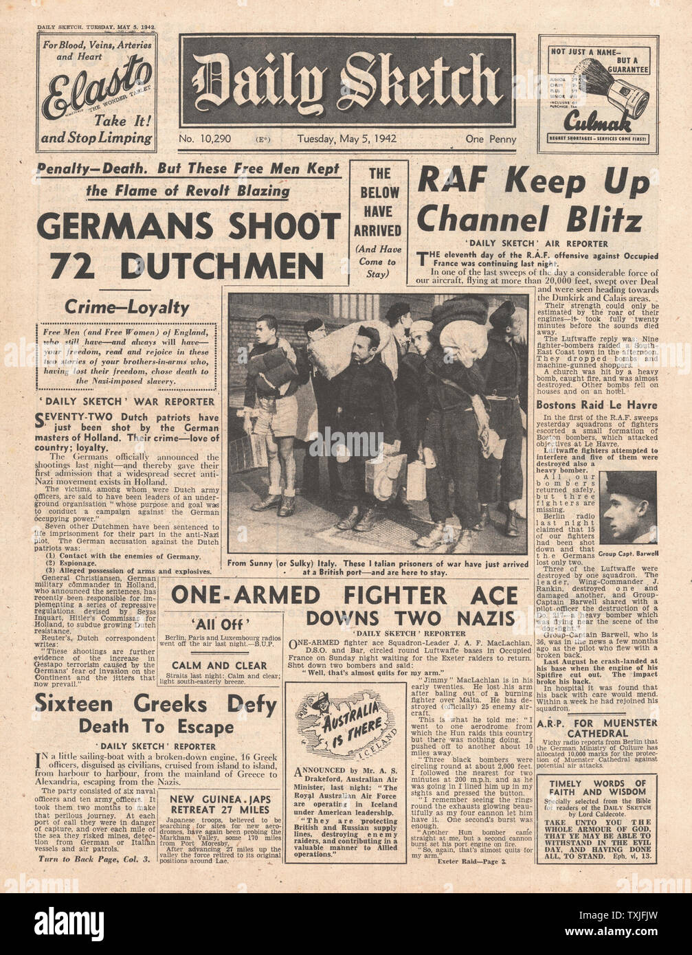1942 front page Daily Sketch Battle for Burma, RAF bomb occupied France and German reprisals in Holland Stock Photo