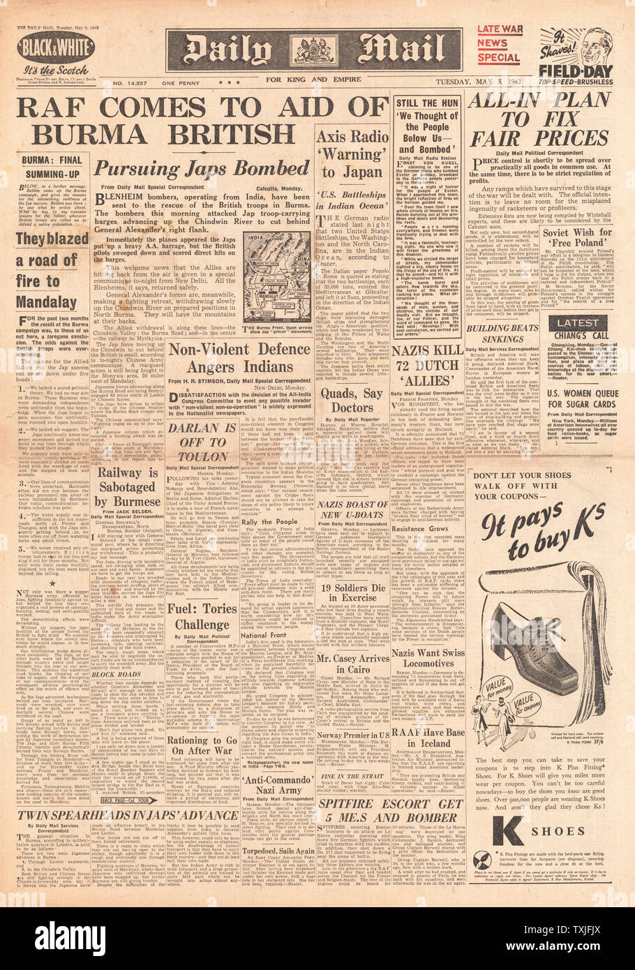 1942 front page Daily Mail Battle for Burma, RAF bomb occupied France and German reprisals in Holland Stock Photo