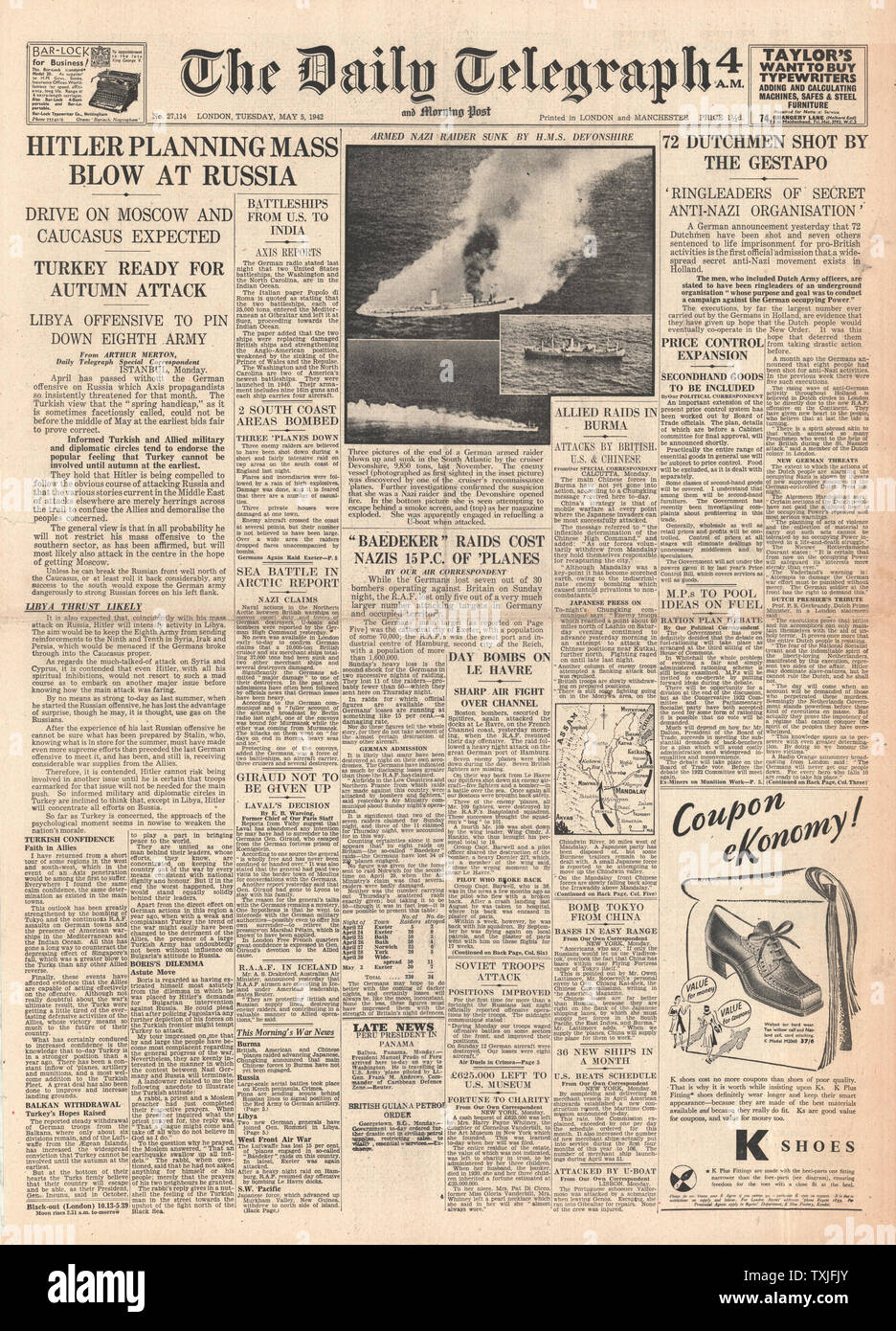 1942 front page Daily Telegraph Hitler plans new offensive in Russia, Battle for Burma, RAF bomb occupied France and German reprisals in Holland Stock Photo