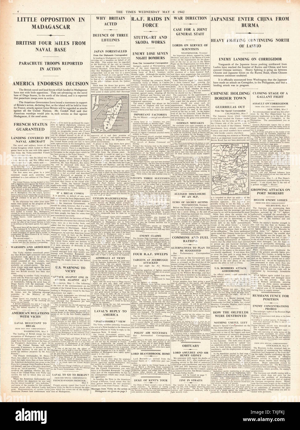 1942 page 4 The Times Allied forces land on Madagascar and Japanese army cross Chinese border from Burma Stock Photo