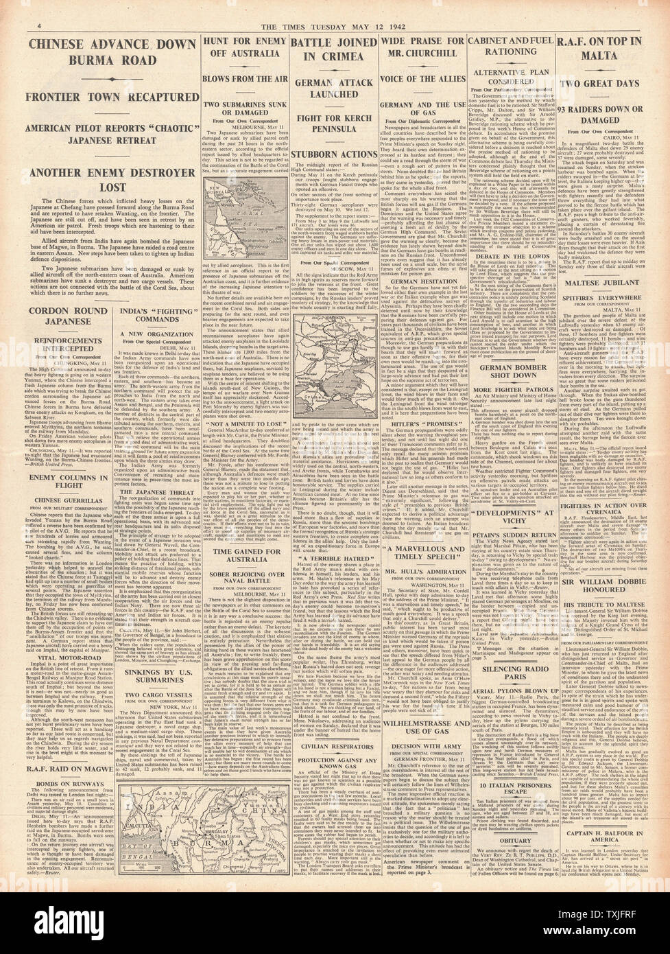 1942 page 4 The Times Saboteurs silence Paris Radio, Italian Airforce and Luftwaffe Bomb Malta and Battle for the Burma Road Stock Photo