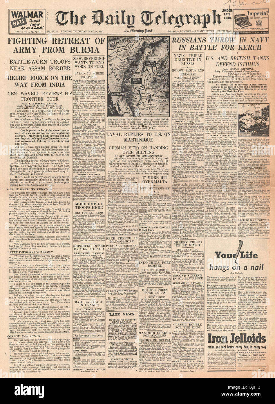 1942 front page Daily Telegraph British Army retreat in Burma and Battle for Kerch Stock Photo