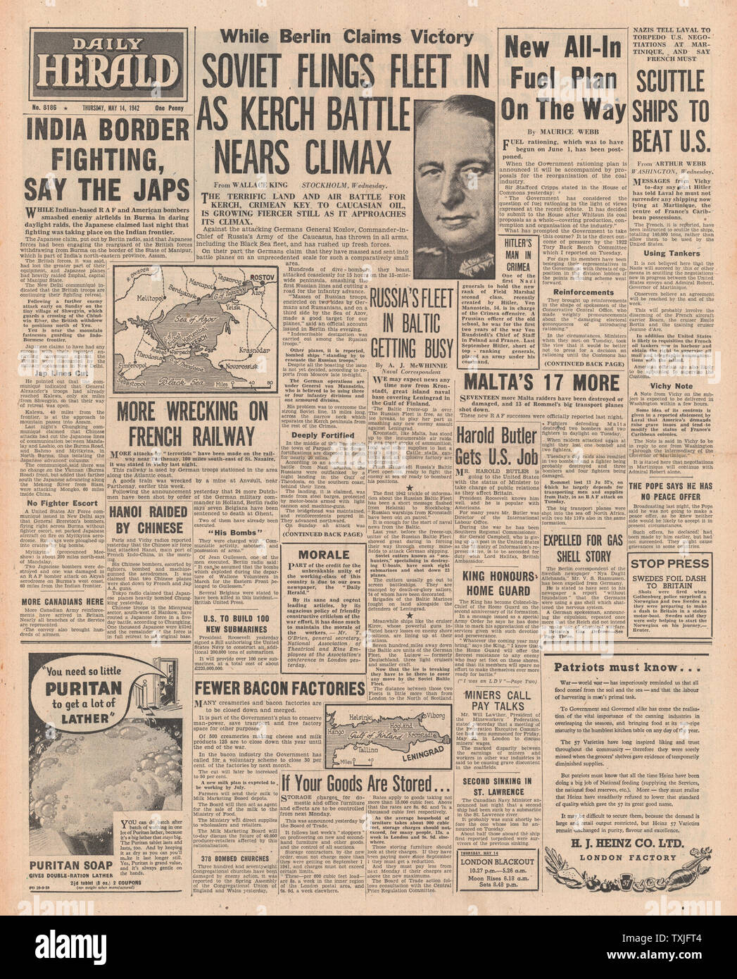 1942 front page  Daily Herald Soviet Navy join Battle for Kerch and Japanese Forces Battle Allies on Indian Border Stock Photo