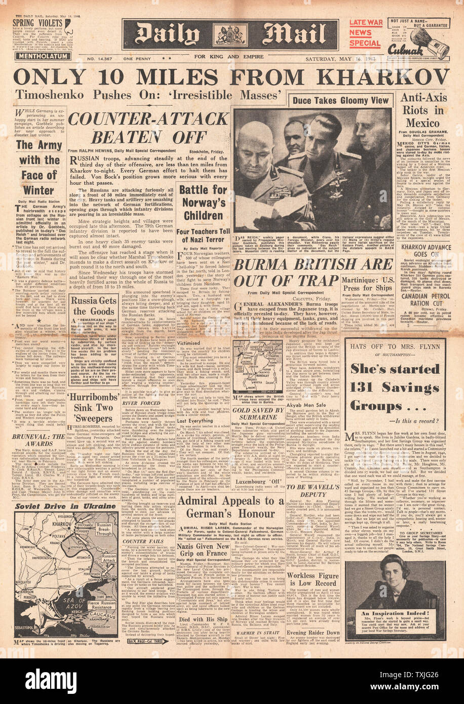 1942 front page  Daily Mail Russian Army advance on Kharkov and Battle for Burma Stock Photo