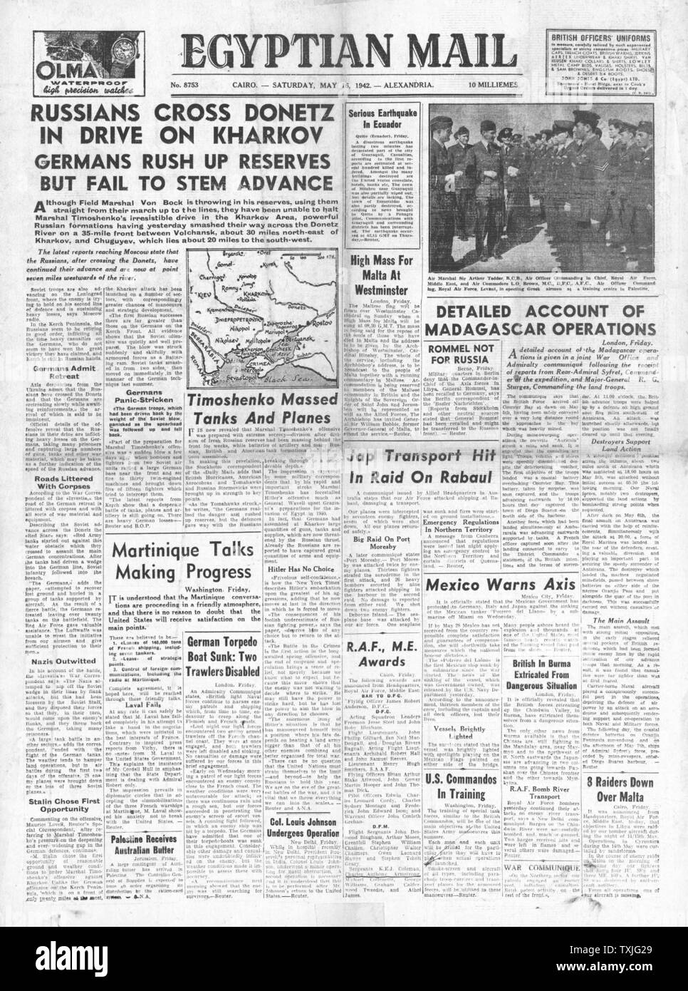 1942 front page Egyptian Mail Russian Army advance on Kharkov Stock Photo
