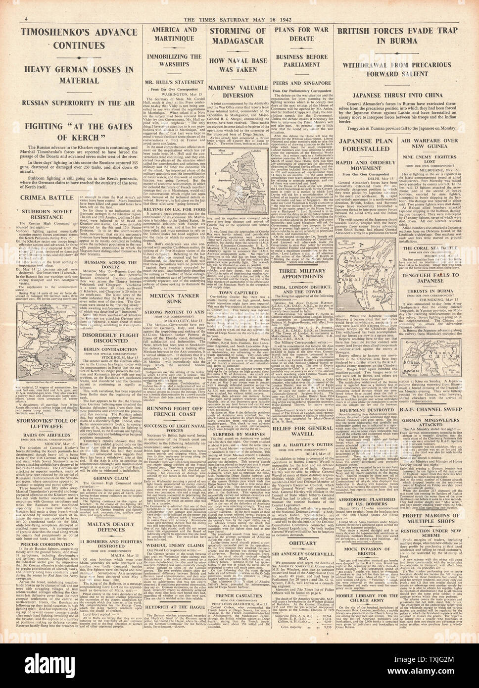 1942 page 4 The Times Russian Army advance on Kharkov, British Forces retreat in Burma and Battle for Madagascar Stock Photo