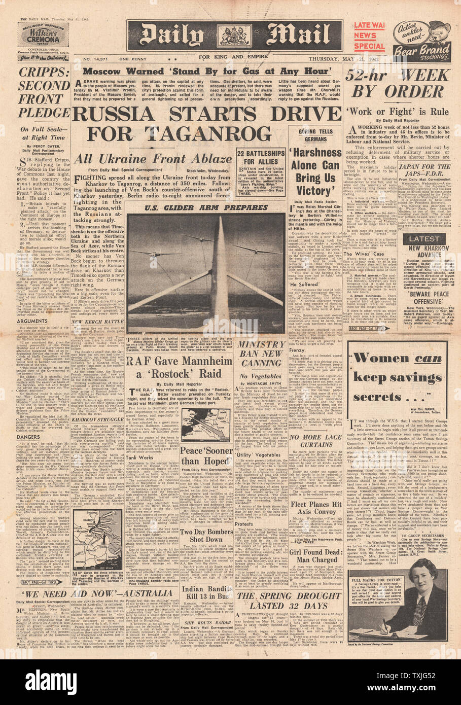 1942 front page Daily Mail Russian Army drive on Taganrog and 52 hour week ordered by Minister of Labour Mr Bevin Stock Photo