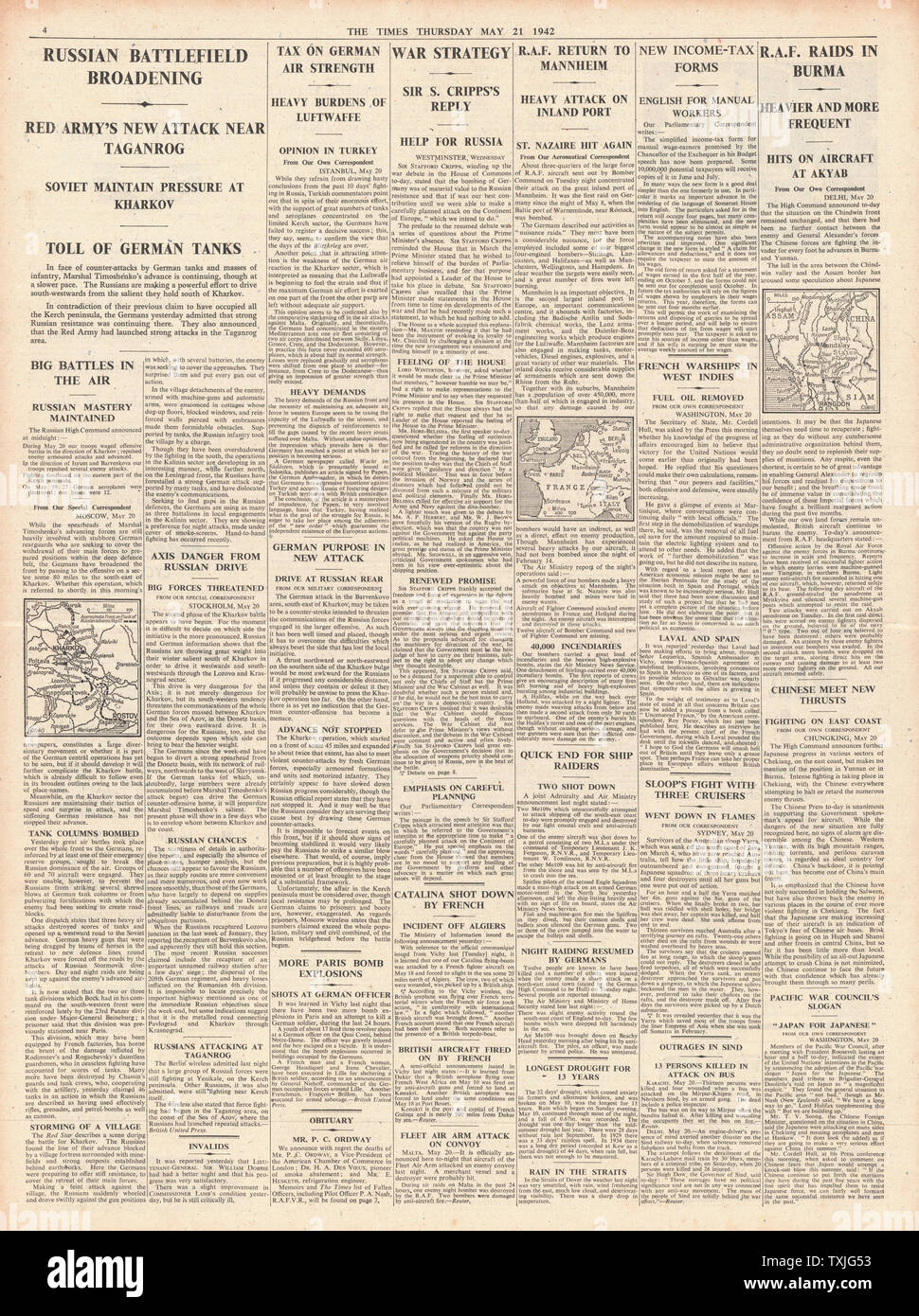 1942 page 4  The Times Russian offensive widening and RAF Bombing raids on Mannheim and Burma Stock Photo