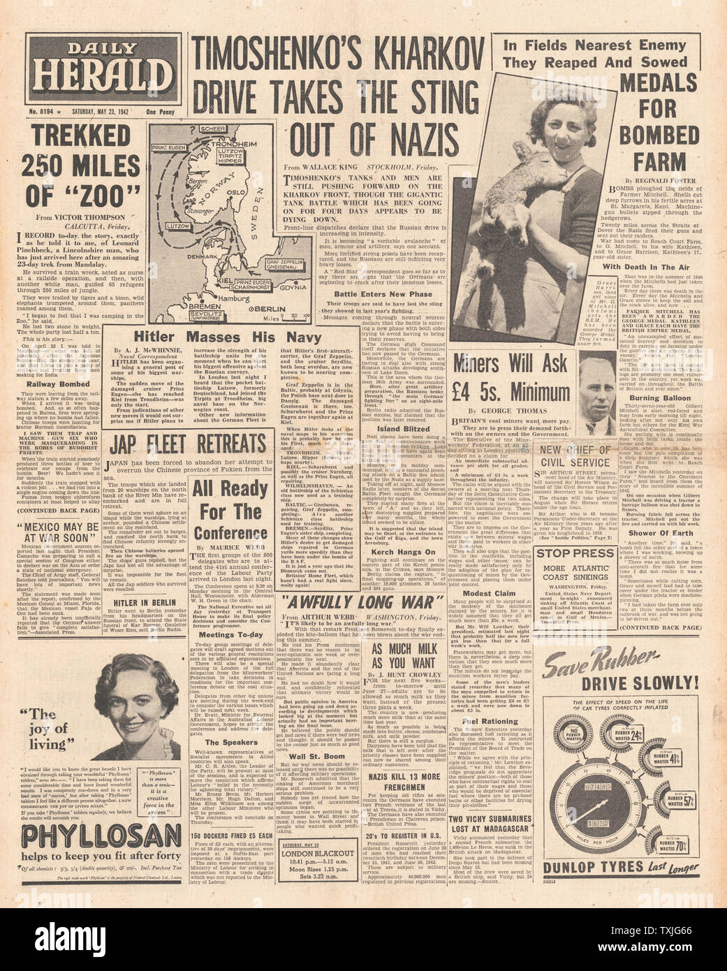 1942 front page  Daily Herald Battle for Kharkov Stock Photo