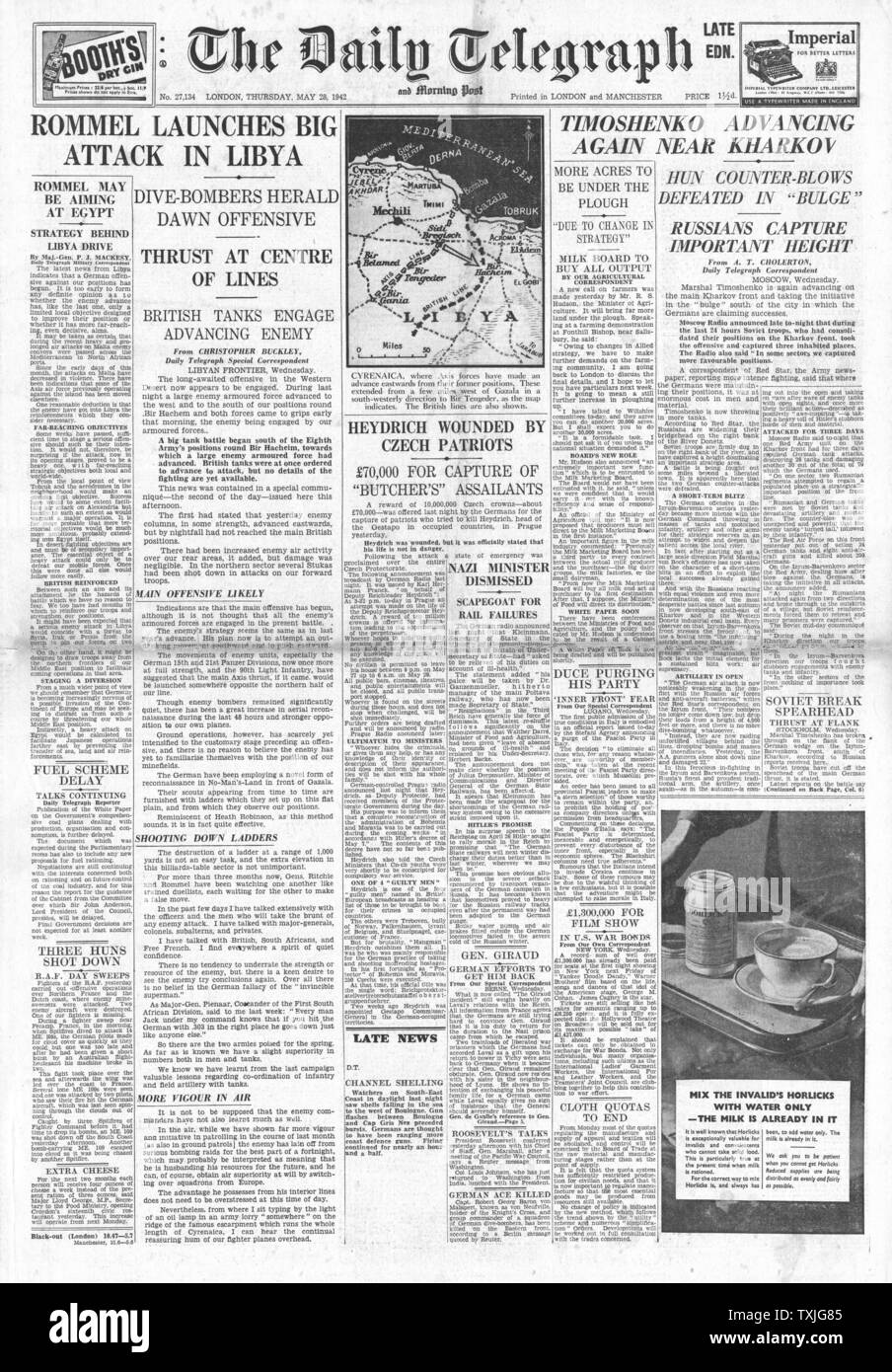 1942 front page  Daily Telegraph Rommel launches major offensive in Libya, Battle for Kharkov and Reinhard Heydrich mortally wounded in bomb attack in Prague Stock Photo