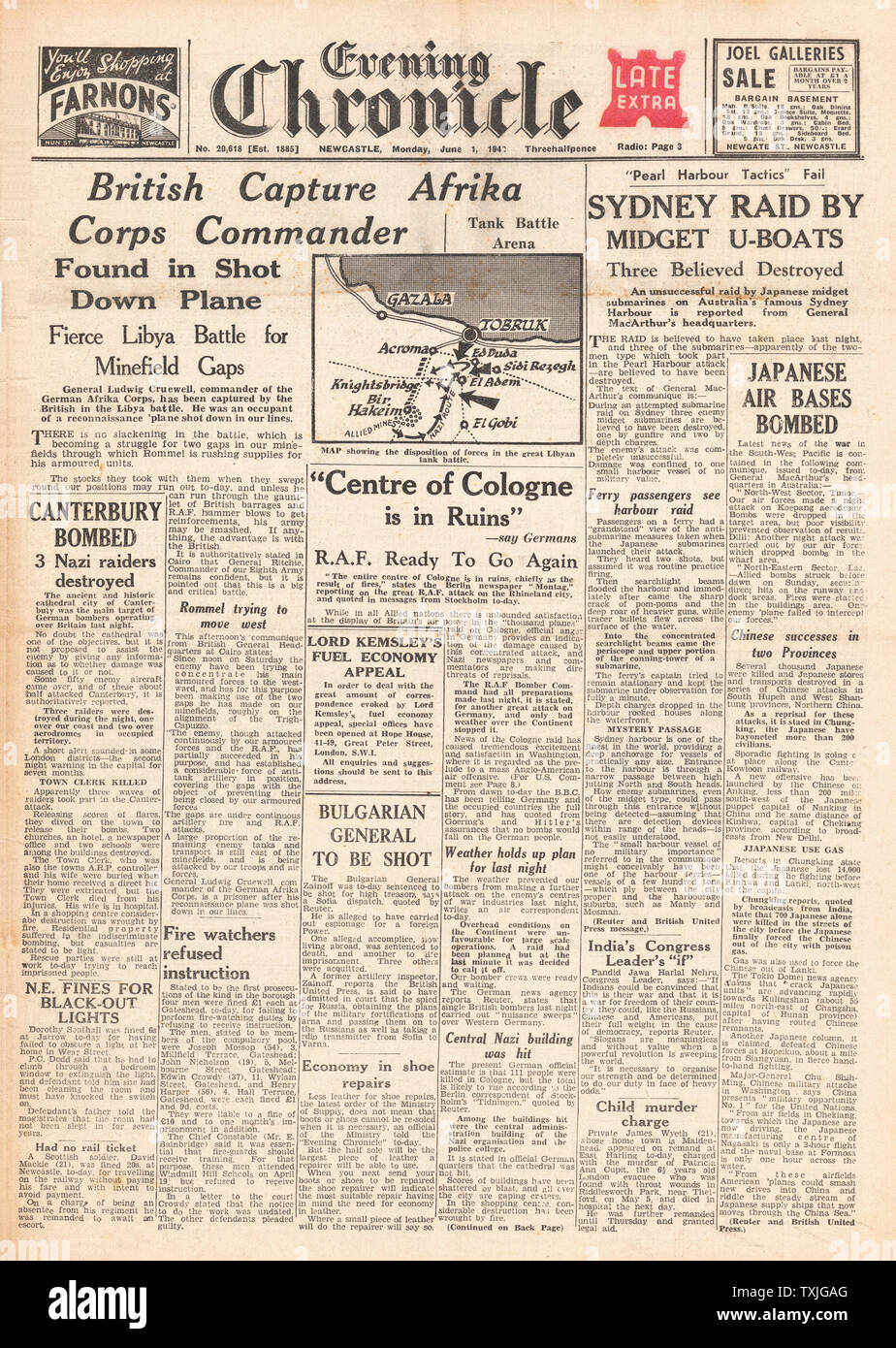 1942 front page Evening Chronicle RAF Carry out first 1,000 Bomber Raid on Cologne, General Ludwig Crüwell captured during Battle for Libya and Japanese Midget Submarines raid Sydney Stock Photo