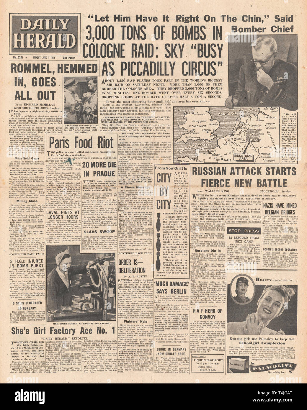 1942 front page Daily Herald RAF Carry out first 1,000 Bomber Raid on Cologne, Paris Food Riot and Battle for Libya and Kharkov Stock Photo