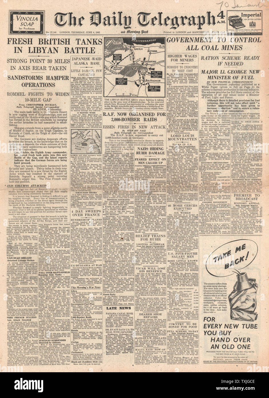 1942 front page Daily Telegraph Battle for Libya, RAF Bombing Raids over Germany and British Government to control all Coal Mines Stock Photo