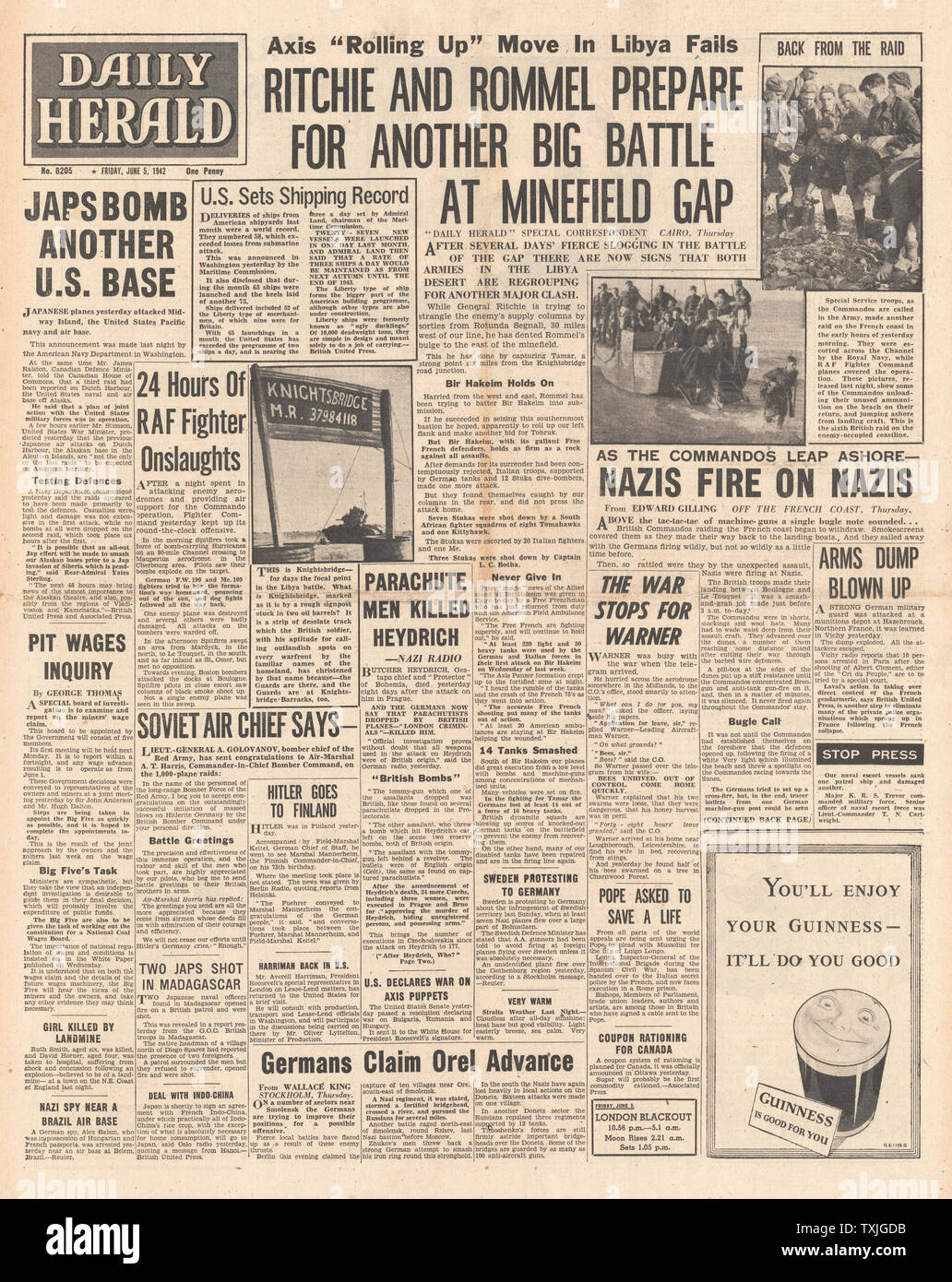 1942 front page Daily Herald Battle for Libya, Japanese Bomb Midway Island, British Commandos land near Boulogne, Reinhard Heydrich dead and British Government to control all Coal Mines Stock Photo