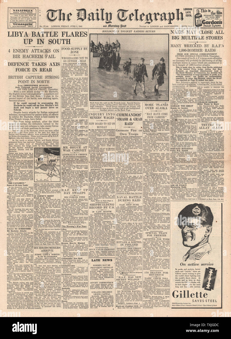 1942 front page Daily Telegraph Battle for Libya, Japanese Bomb Midway Island, British Commandos land near Boulogne, Reinhard Heydrich dead and British Government to control all Coal Mines Stock Photo