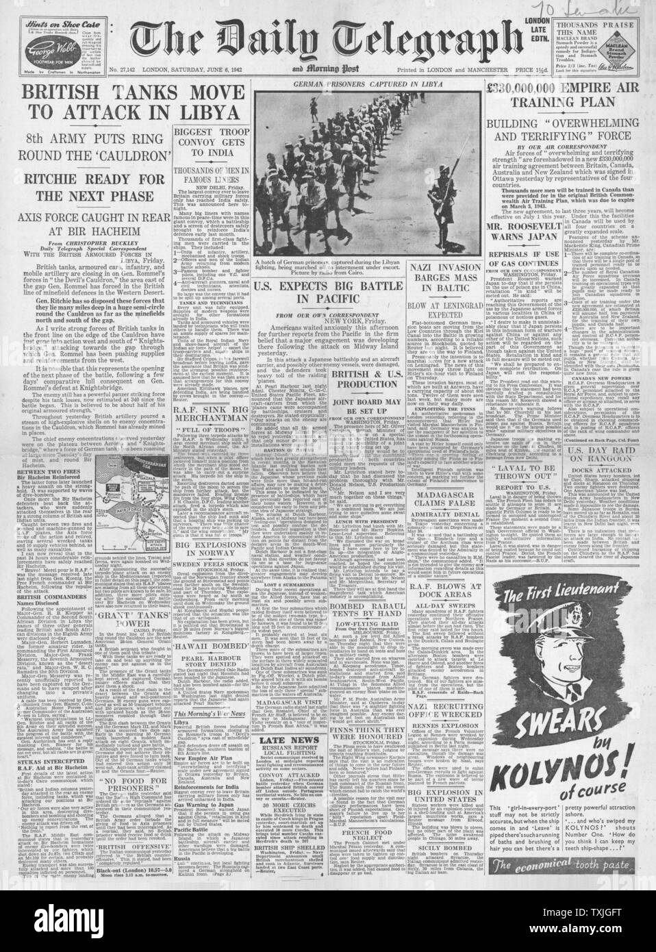 1942 front page Daily Telegraph Battle for Libya and Battle of Midway Stock Photo