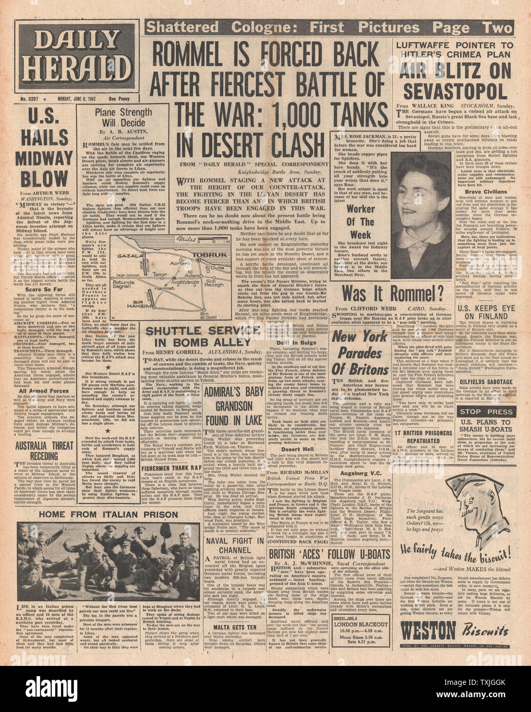 1942 front page  Daily Herald Battle for Libya, Battle of Midway and Luftwaffe attack on Sebastapol Stock Photo