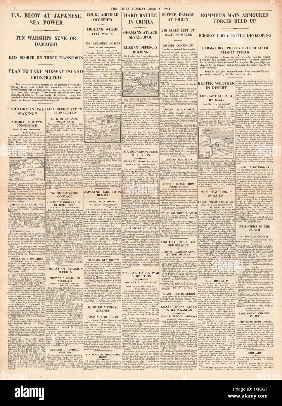 1942 page 4 The Times Battle of Midway, Battle for Sebastapol, Battle of Libya and RAF Bomb Emden Stock Photo