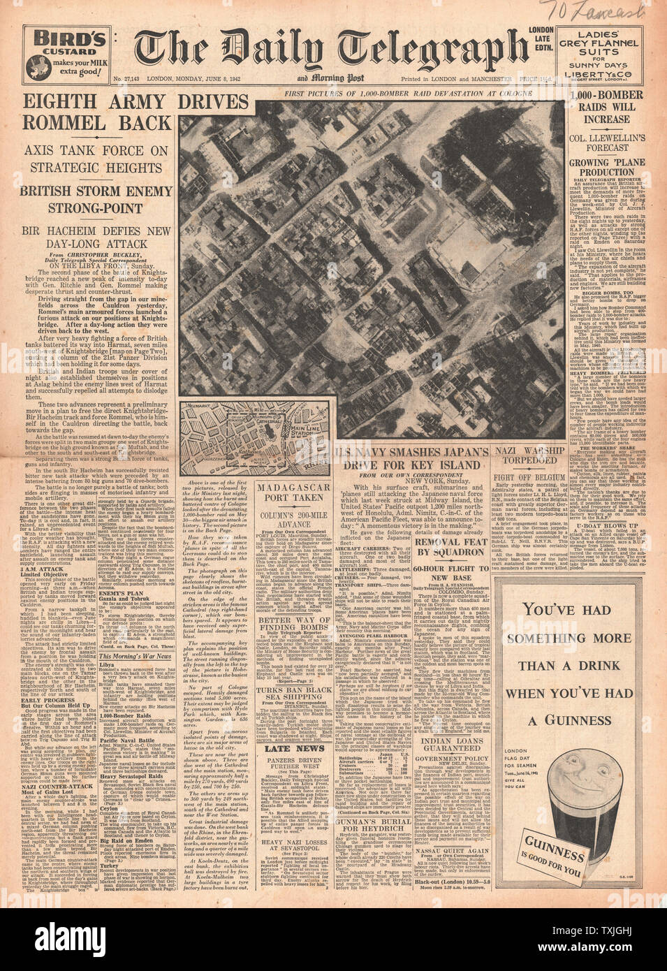 1942 front page  Daily Telegraph Battle for Libya, Battle for Midway and RAF Bombing of Cologne Stock Photo