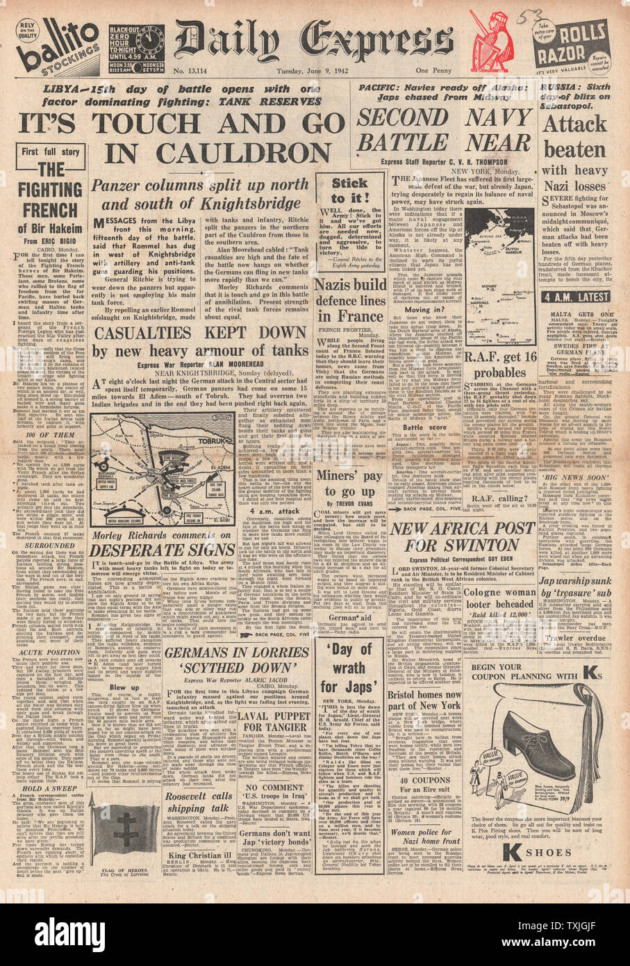 1942 front page  Daily Herald Battle for Russia, Libya and Pacific Stock Photo