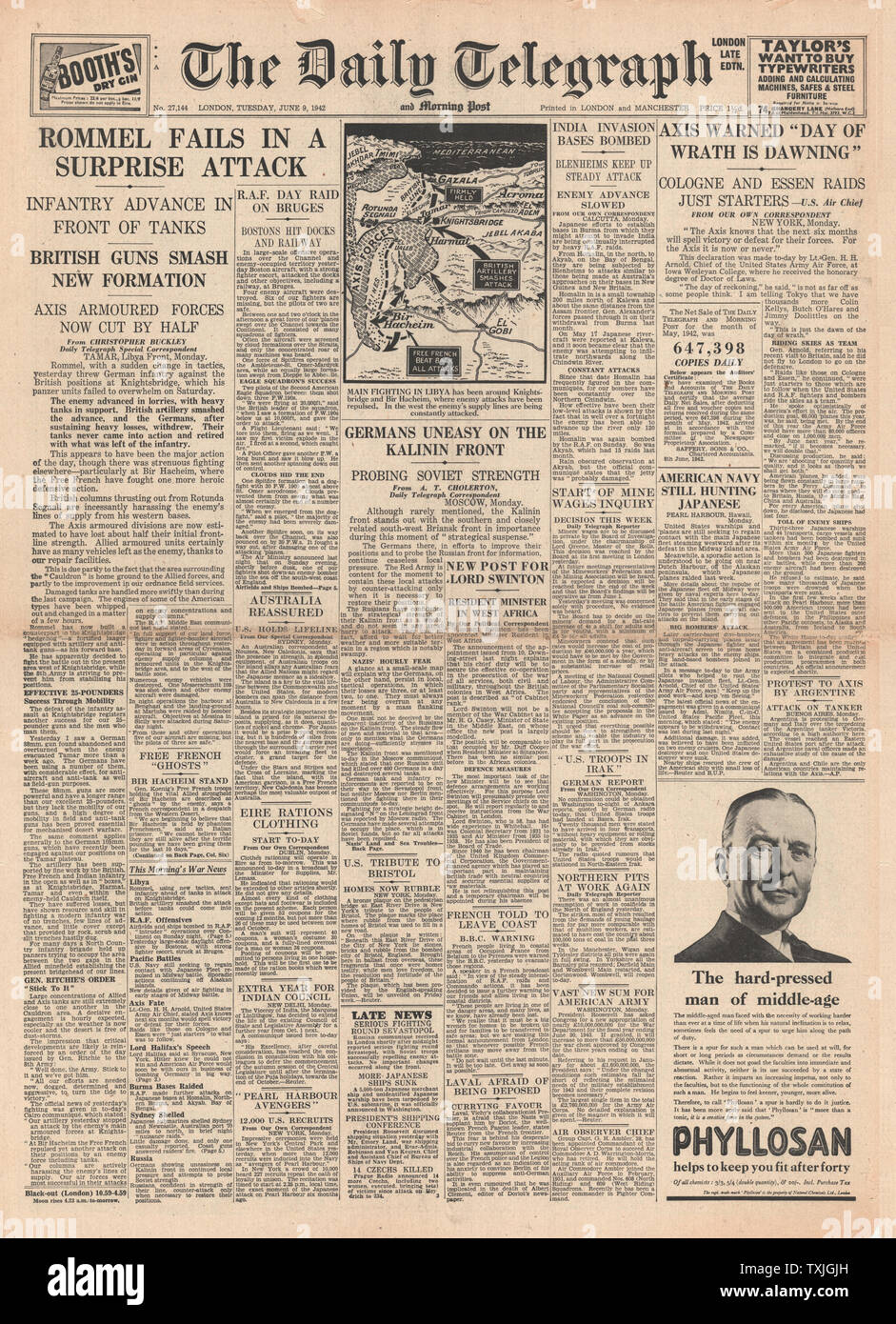 1942 front page Daily Telegraph Battle for Libya and Axis Warned of more Bombing raids Stock Photo
