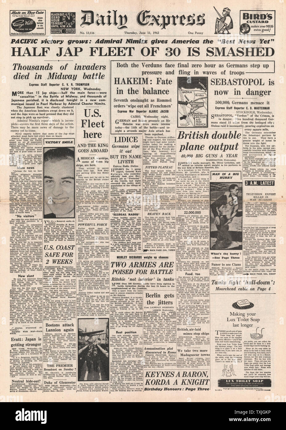 1942 front page  Daily Express Battle of Midway, Battle for Libya, Battle for Sebastapol, and German Reprisal on Czech Town of Lidice Stock Photo