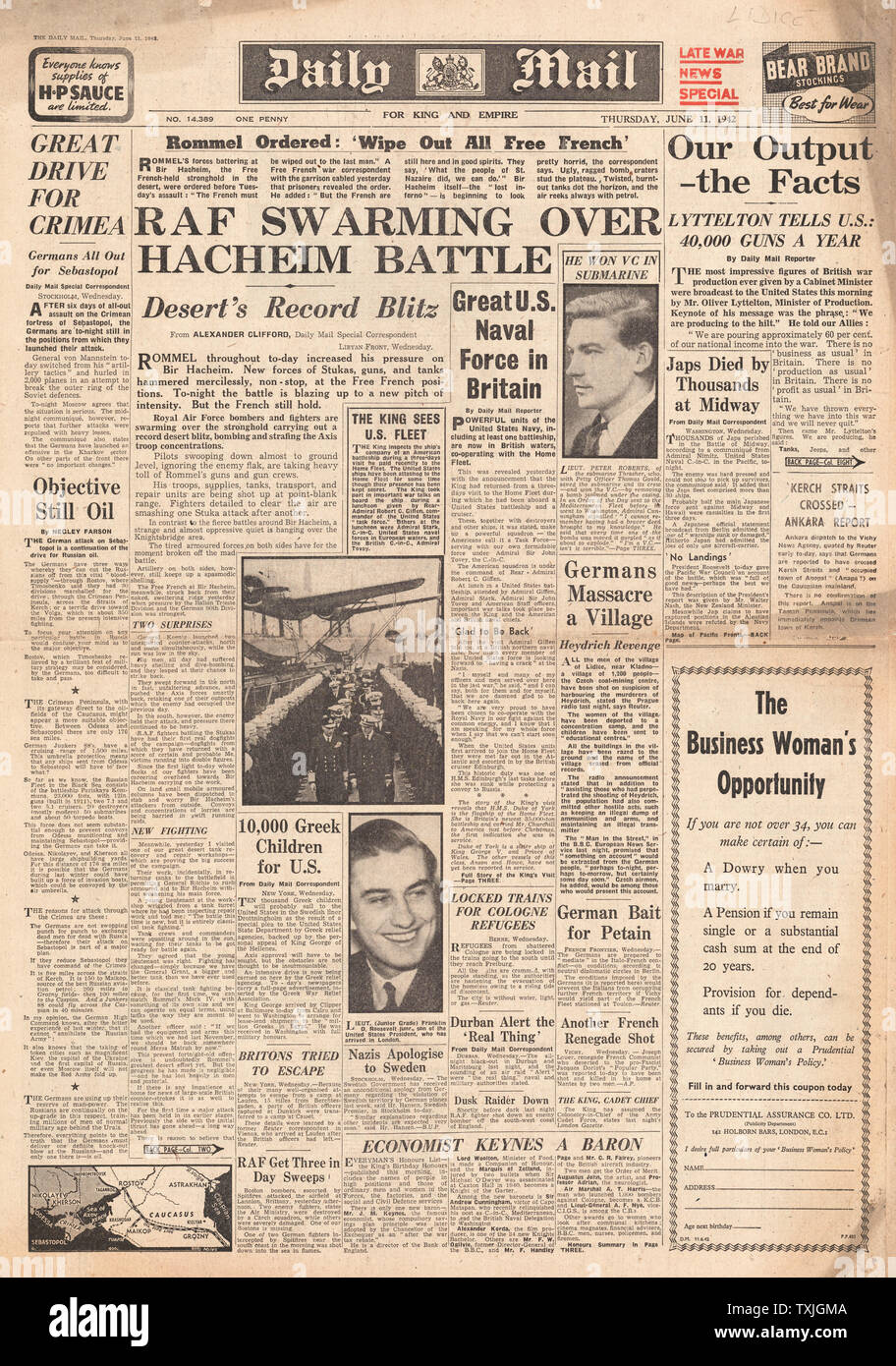 1942 front page Daily Mail Battle of Midway, Battle for Libya, Battle for Sebastapol, and German Reprisal on Czech Town of Lidice Stock Photo