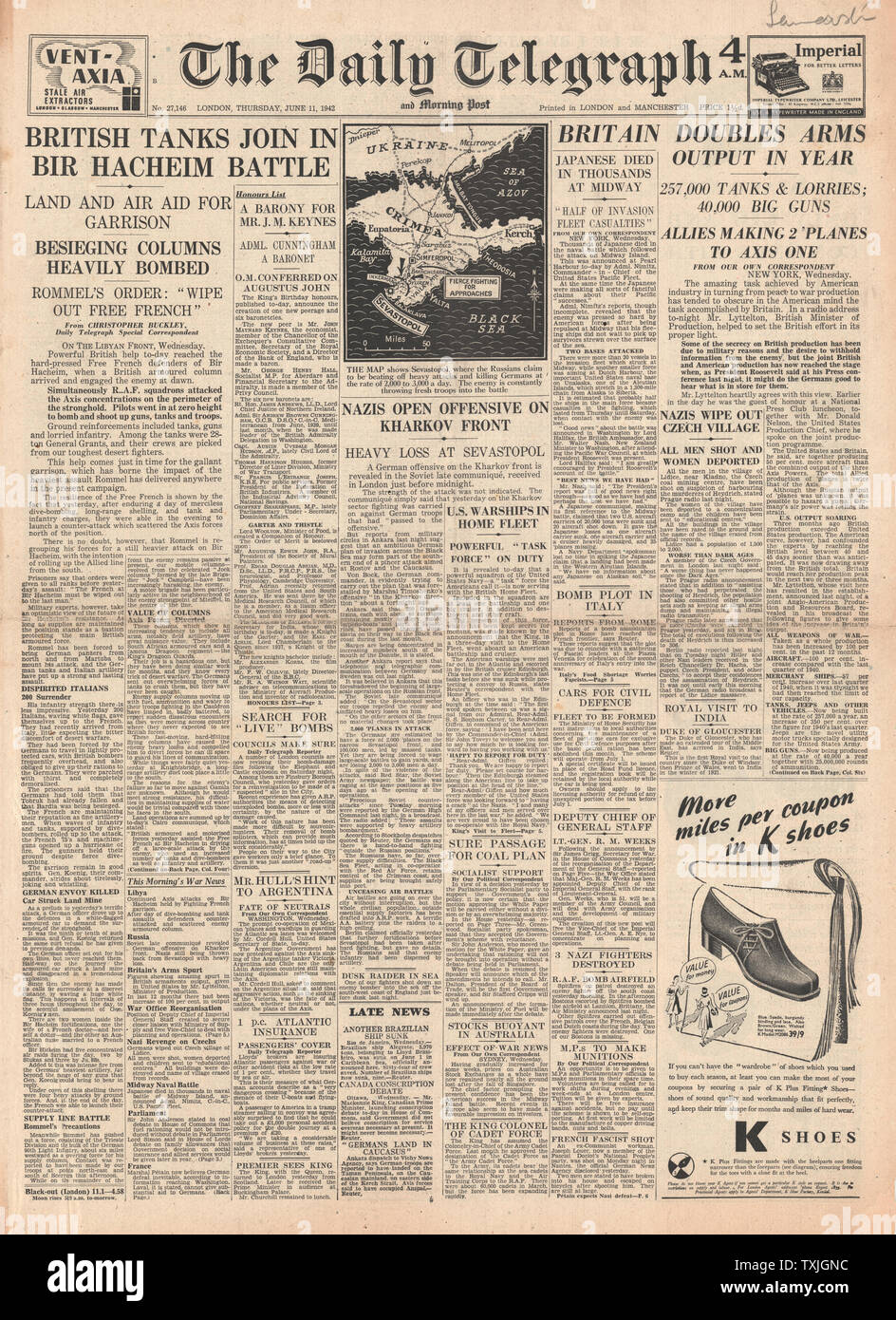 1942 front page Daily Telegraph Battle for Libya, Battle for Midway, Battle for Sebastapol, and German Reprisal on Czech Town of Lidice Stock Photo