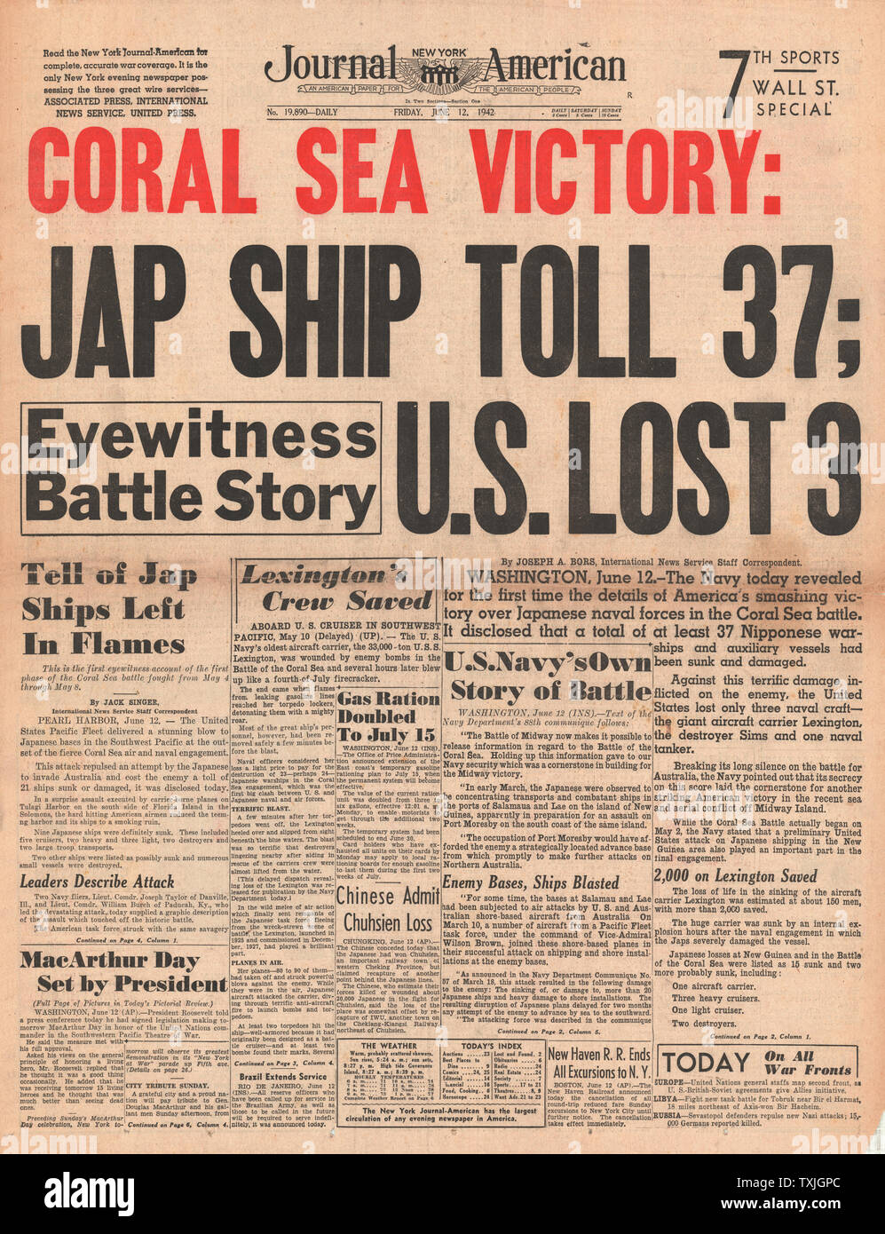 1942 front page New York Journal American Battle of the Coral Sea and Battle of Midway Stock Photo