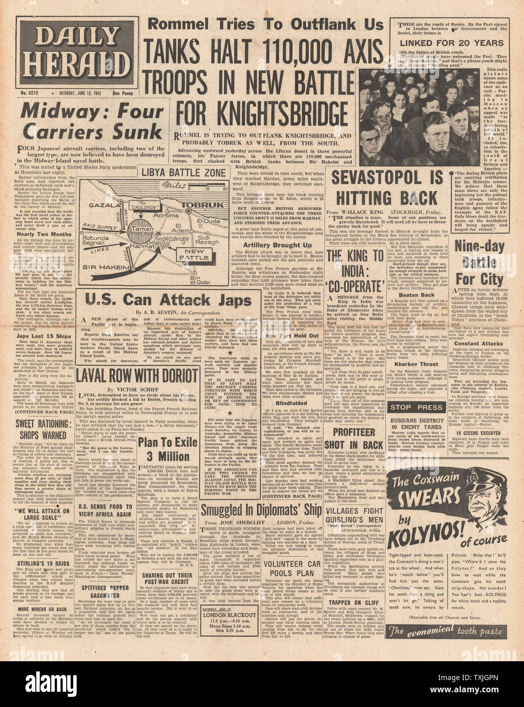 1942 front page  Daily Herald Battle for Libya, Battle for Sebastapol and Battle of the Coral Sea Stock Photo