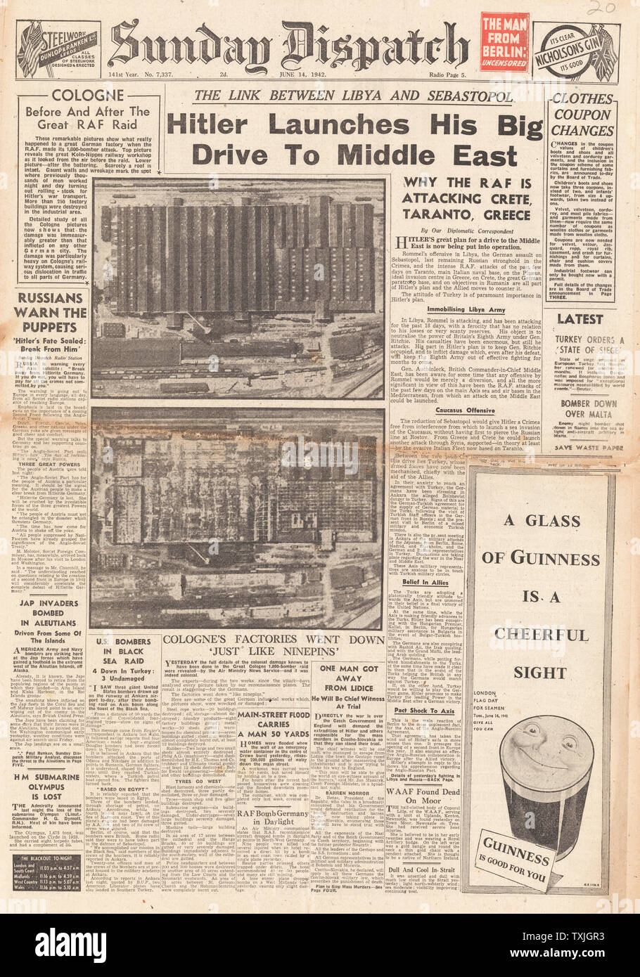 1942 front page Sunday Dispatch Hitler launches drive on Middle East and Bombing of Cologne Stock Photo