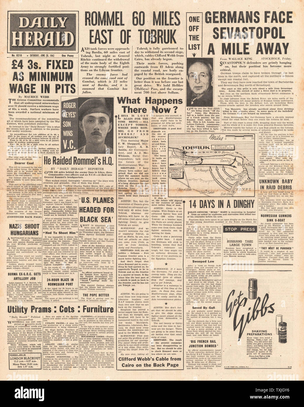 1942 front page  Daily Herald Battle for Tobruk and Sebastapol and Lt-Col. Geoffrey Keyes posthumously awarded the Victoria Cross Stock Photo