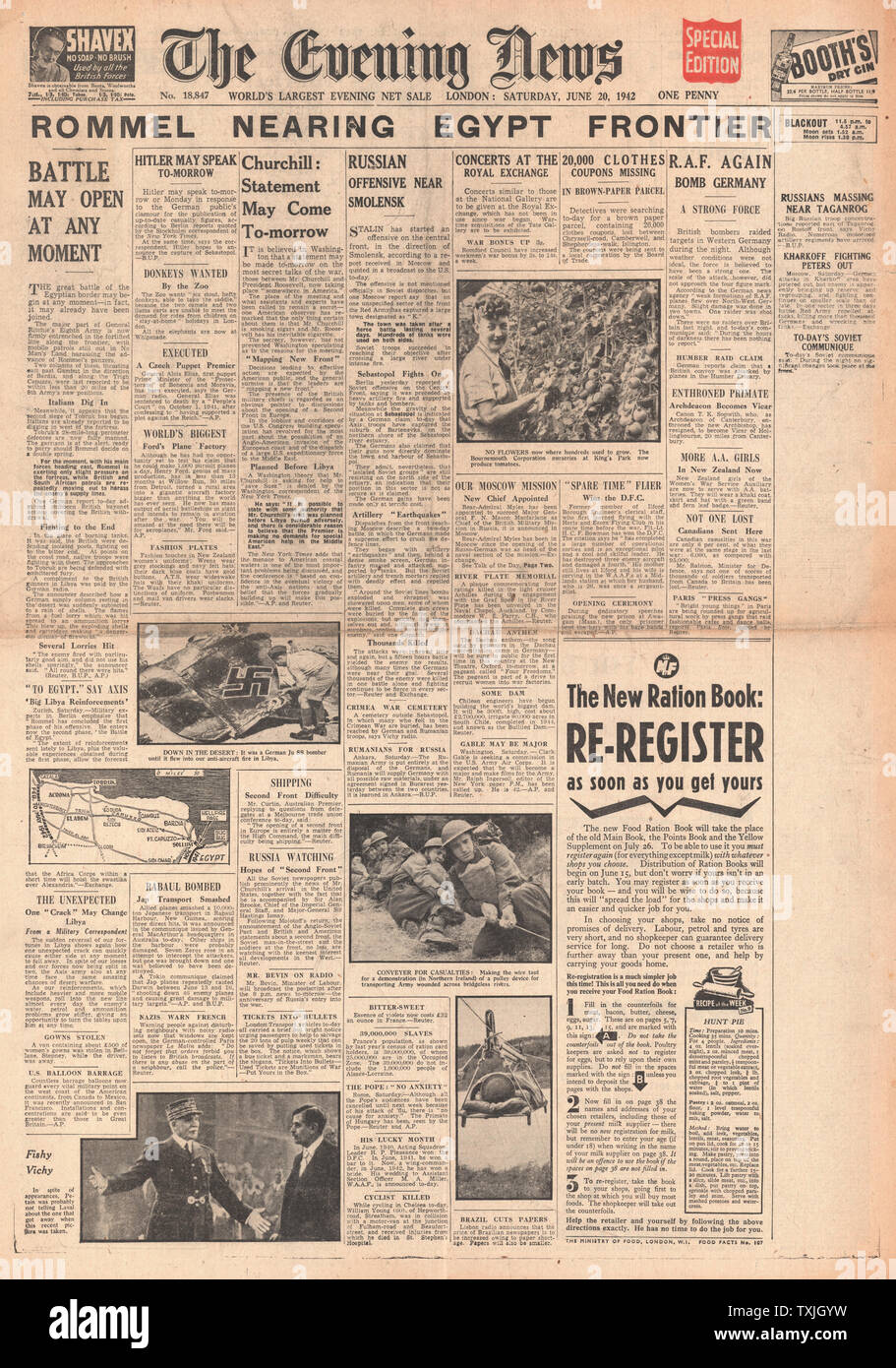 1942 front page Evening News Rommel advances to Egyptian Frontier Stock Photo