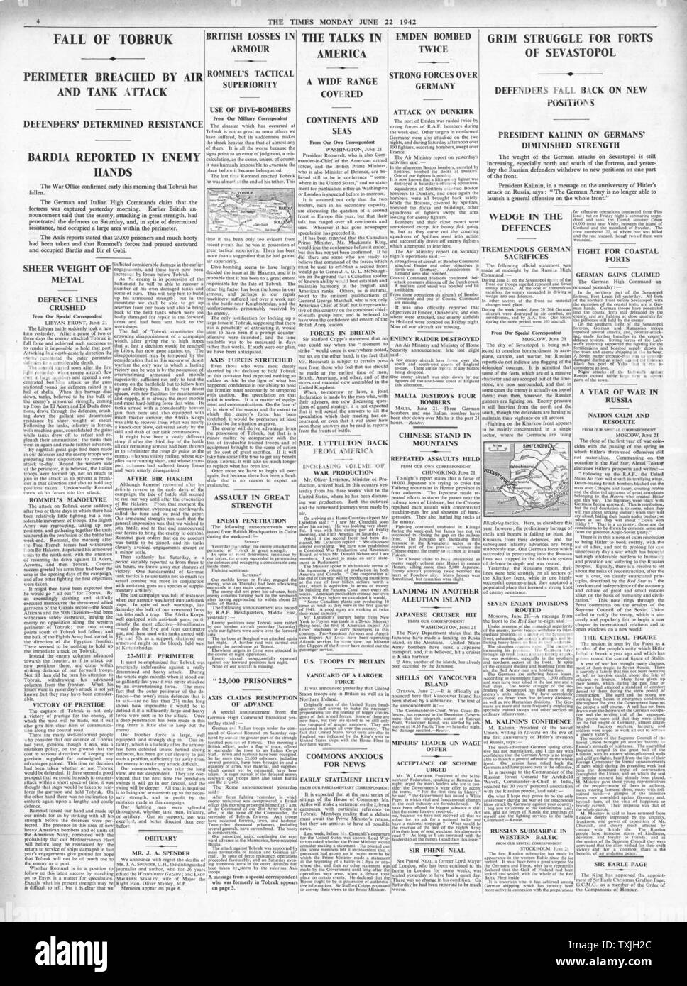 1942 page 4 The Times Fall of Tobruk to German Forces Stock Photo