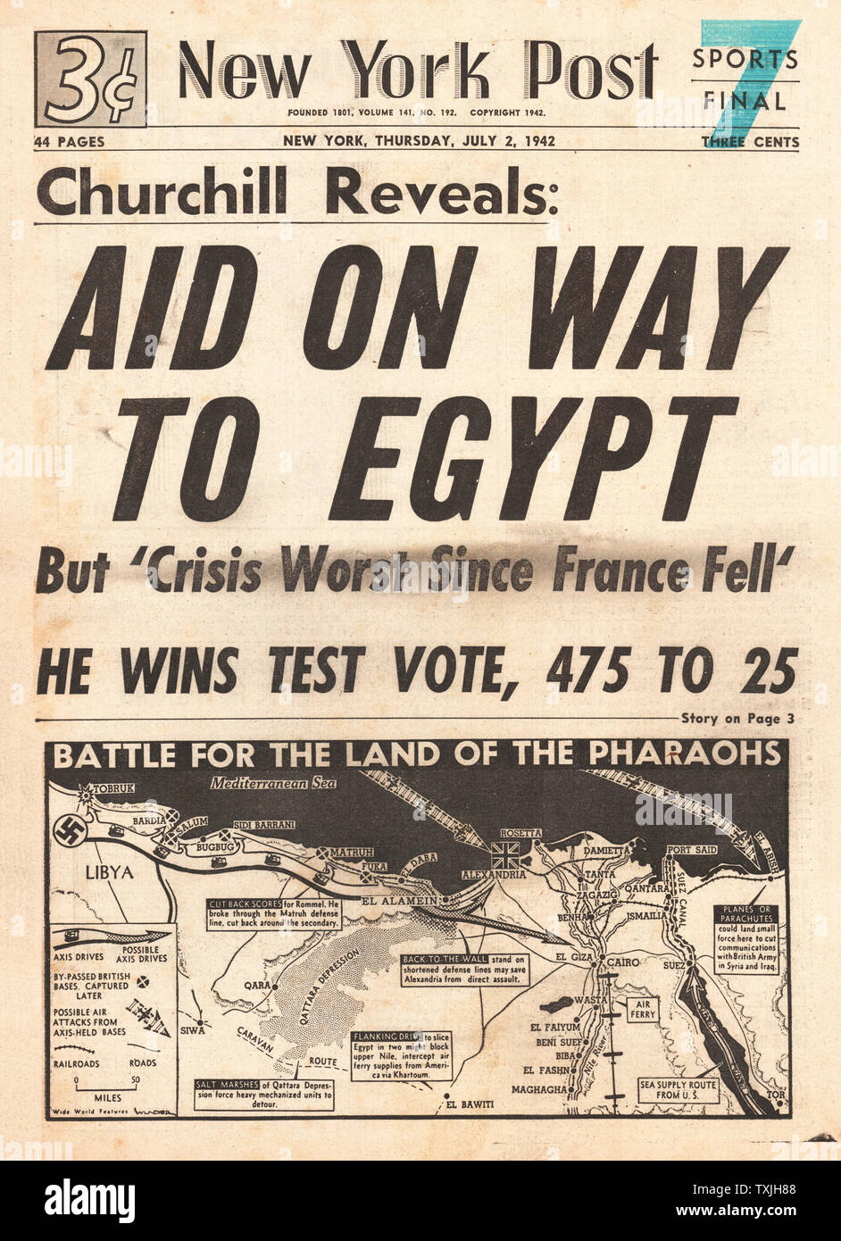1942 front page  New York Post Churchill says aid is in its way to Egypt Stock Photo