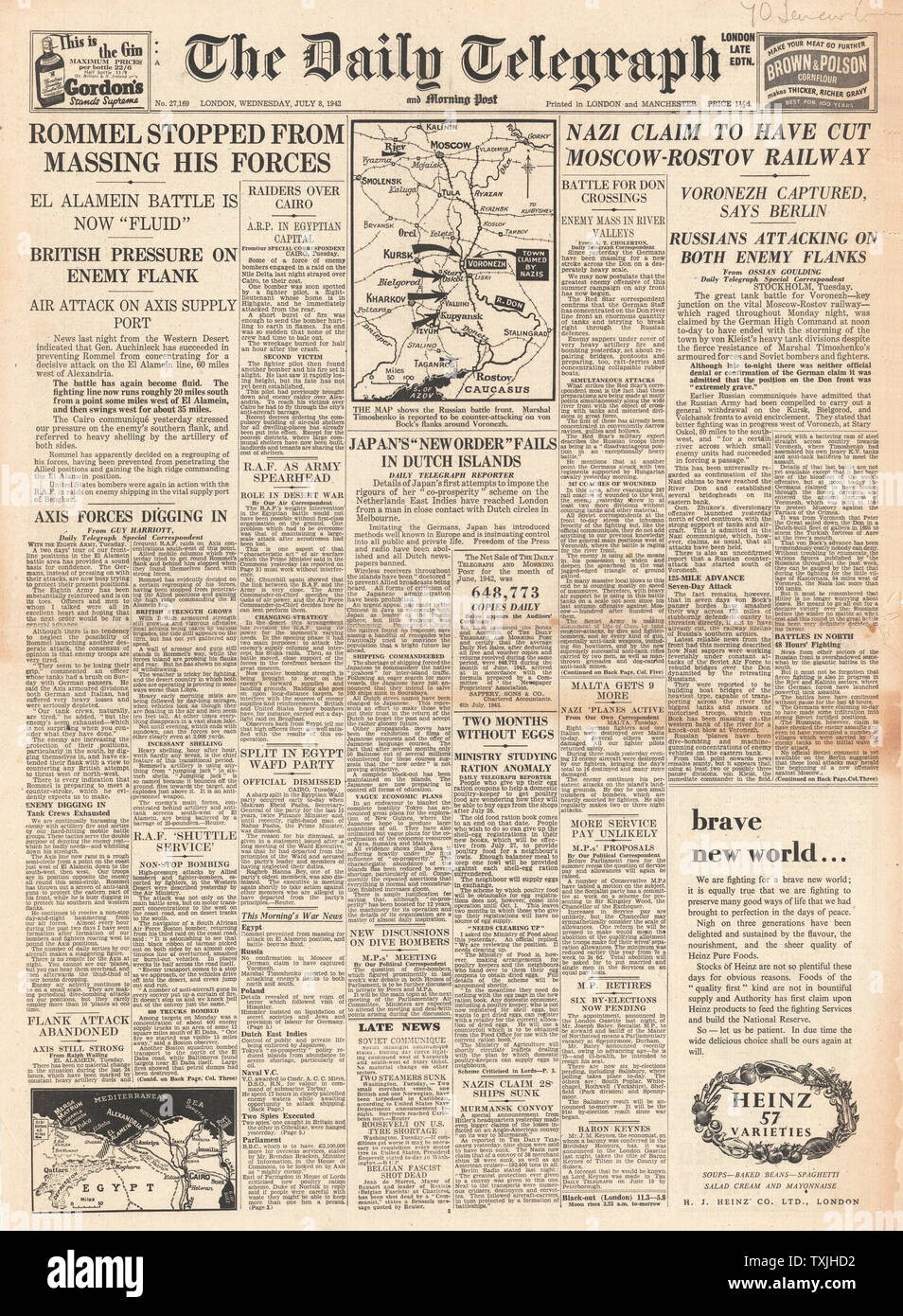 1942 front page Daily Telegraph Battle for El Alamein, Orel, Kursk and Kharkov Stock Photo