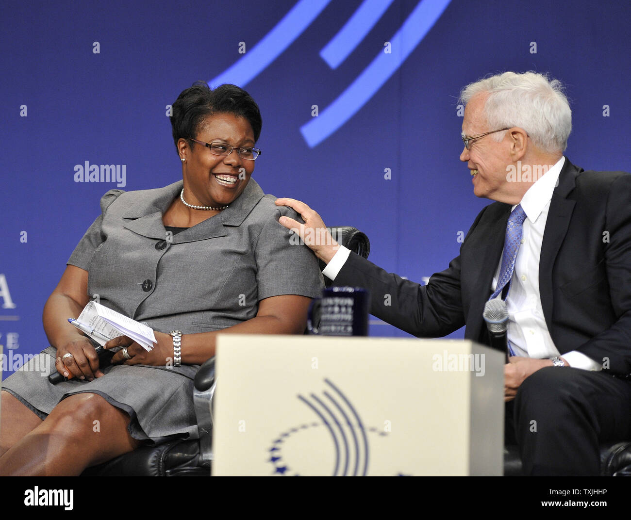 Nobel prize-winning, University of Chicago Economics professor James Heckman (R) and D.C. Public Schools Chancellor Kaya Henderson participate in a panel discussion on education in America at the CGI America meeting on June 29, 2011 in Chicago. More than 700 business, government and non-profit leaders are participating in the two-day meeting, which is the first Clinton Global Initiative event to focus exclusively on driving job creation and economic growth in the United States.     UPI/Brian Kersey Stock Photo