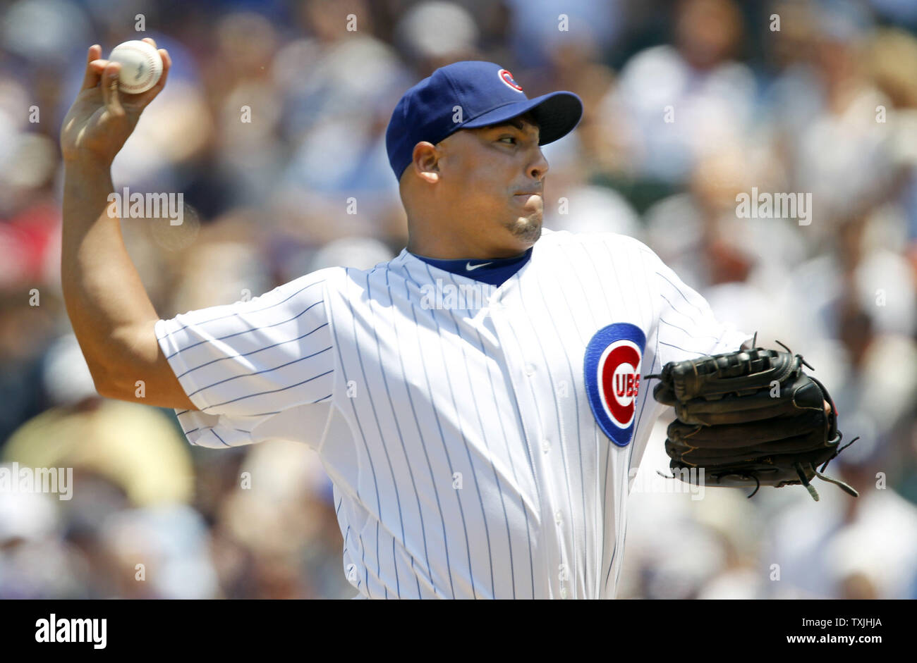 Chicago Cubs starting pitcher Carlos Zambrano throws against the San Francisco Giants during the first inning at Wrigley Field in Chicago on June 30, 2011.  UPI /Mark Cowan Stock Photo
