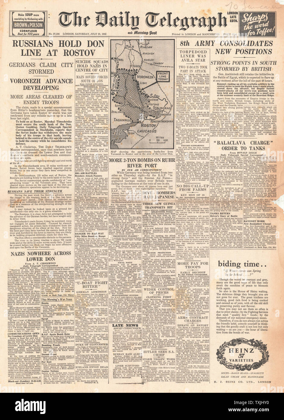 1942 front page Daily Telegraph British Forces advance in Egypt, Battle ...