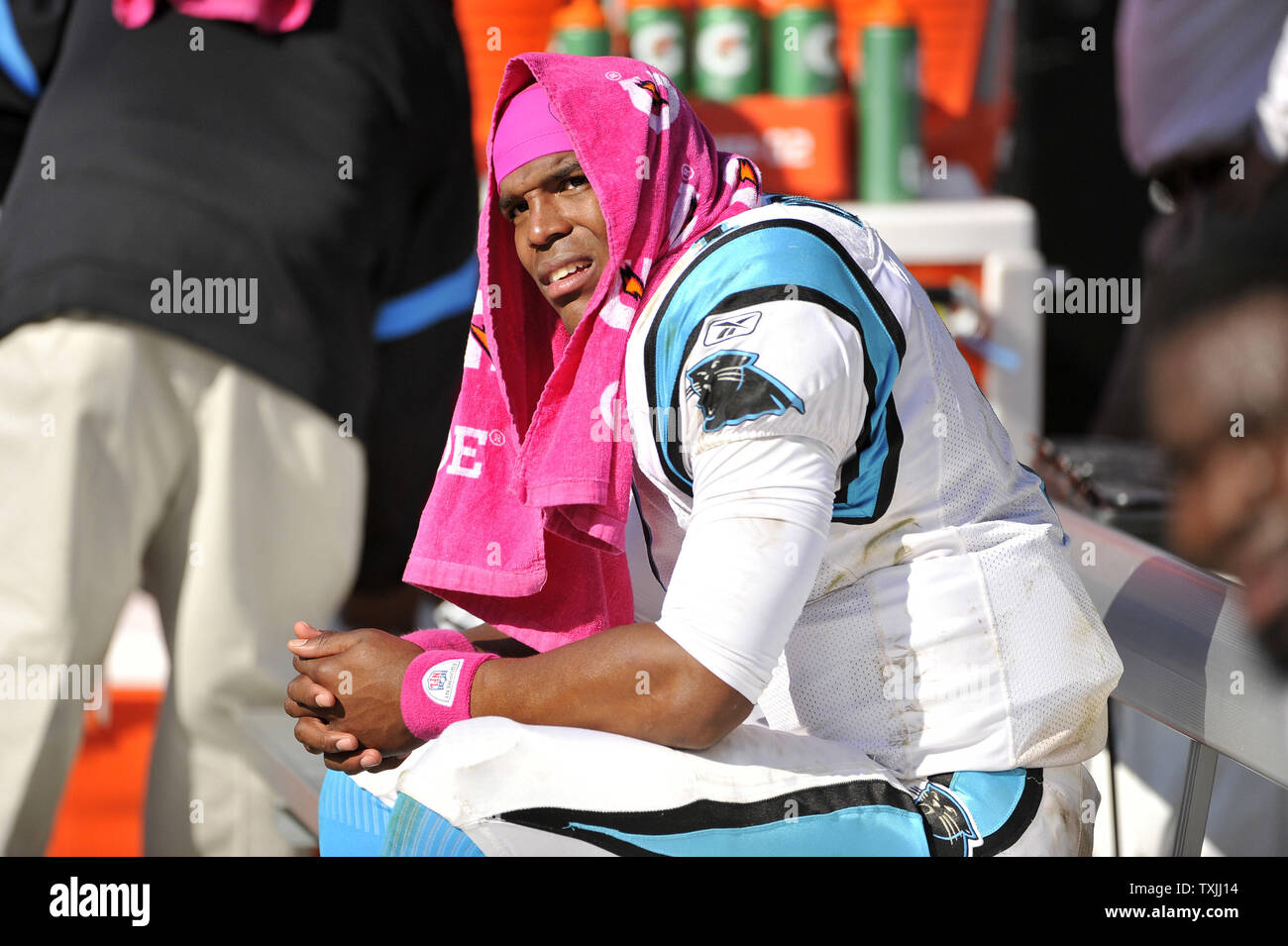 Carolina Panthers Quarterback Cam Newton 1 Sits On The Bench